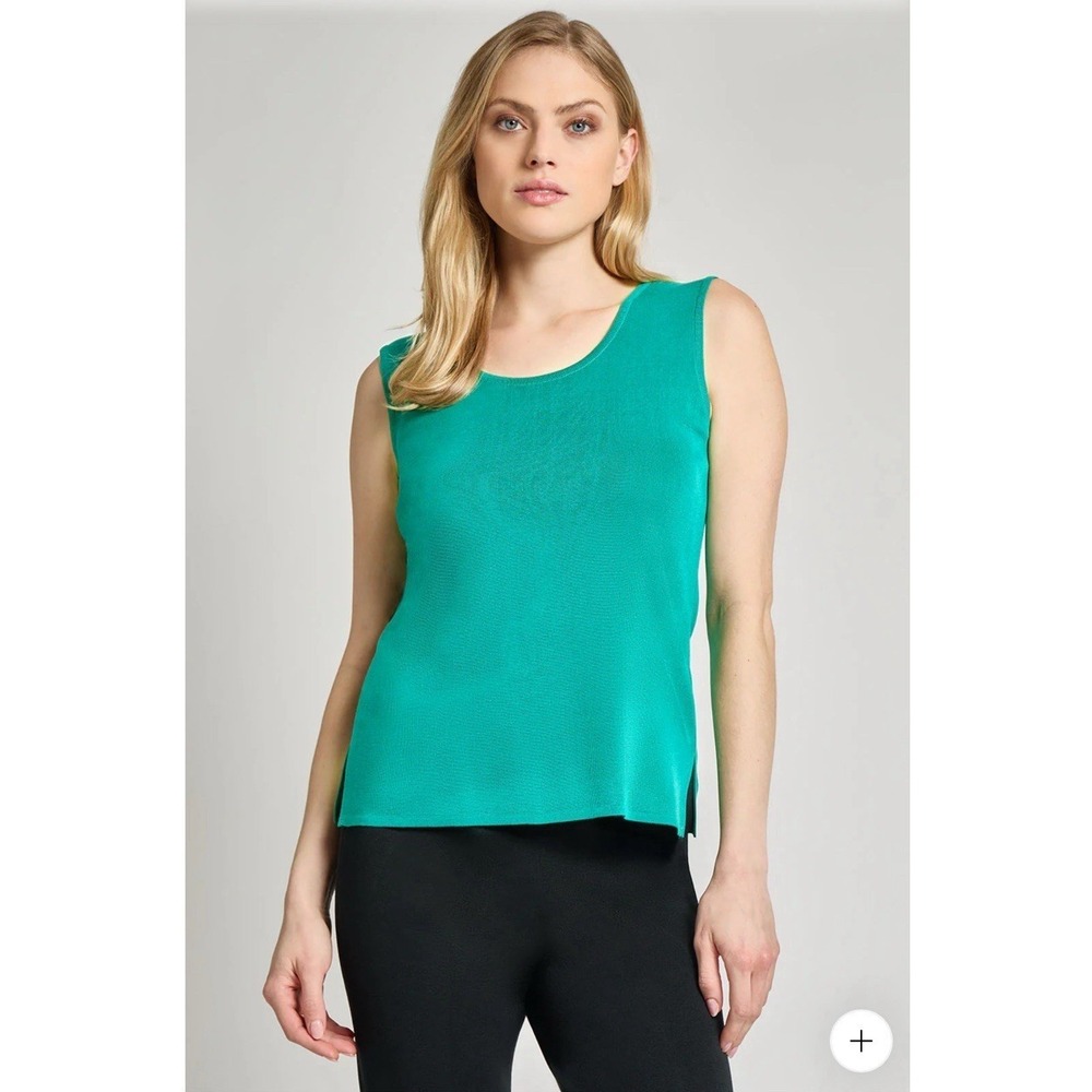 Ming Wang Scoop Neck Sleeveless Side Slit Knit Tank Top‎ In Emerald Awe Large